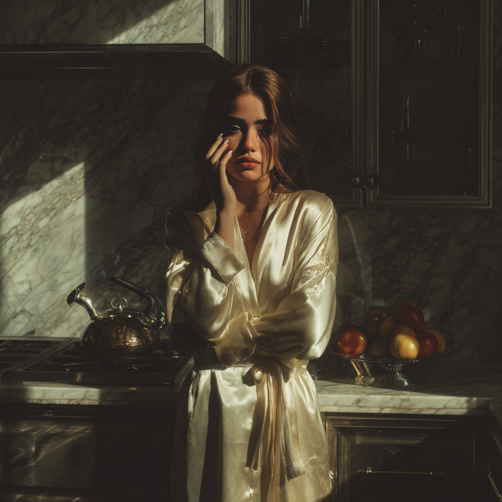 Une femme émotive debout dans une cuisine | Source : Midjourney