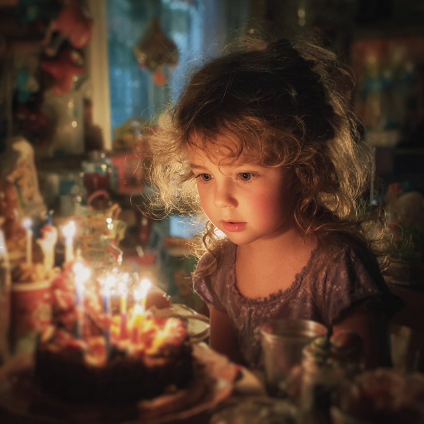 Une fille devant un gâteau d'anniversaire : Source : Midjourney