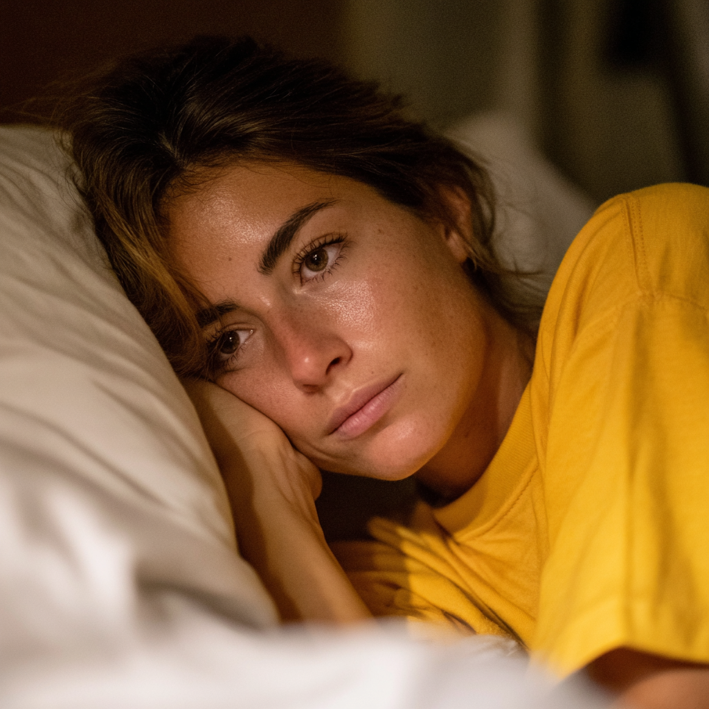 Une femme inquiète allongée dans son lit | Source : Midjourney