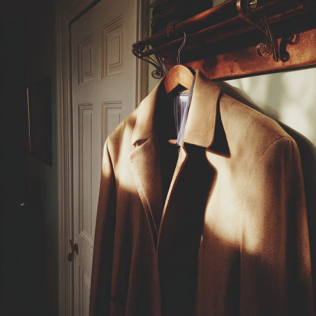 Un manteau marron pour homme sur un porte-manteau | Source : Midjourney