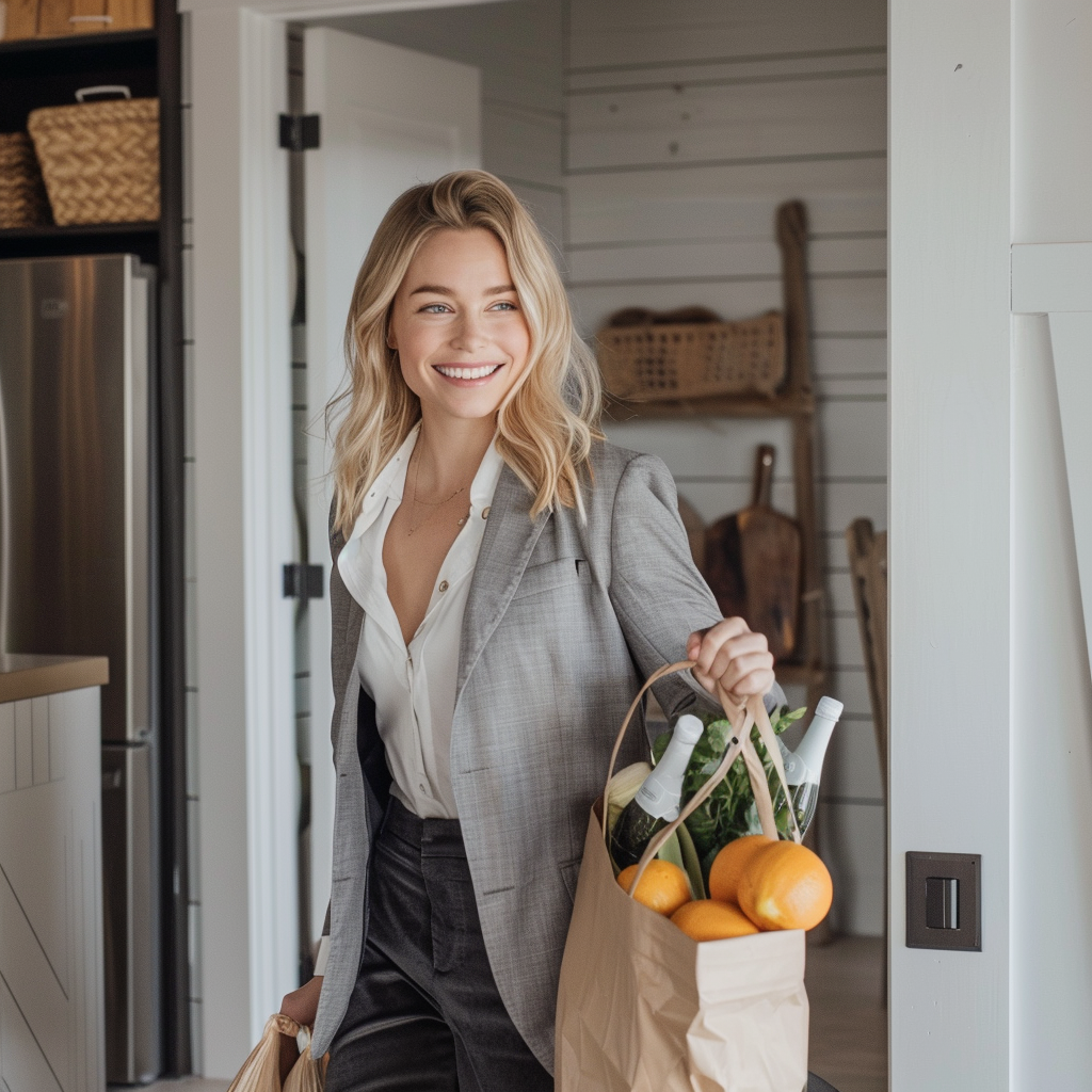 Une femme souriante avec un sac de provisions | Source : Midjourney