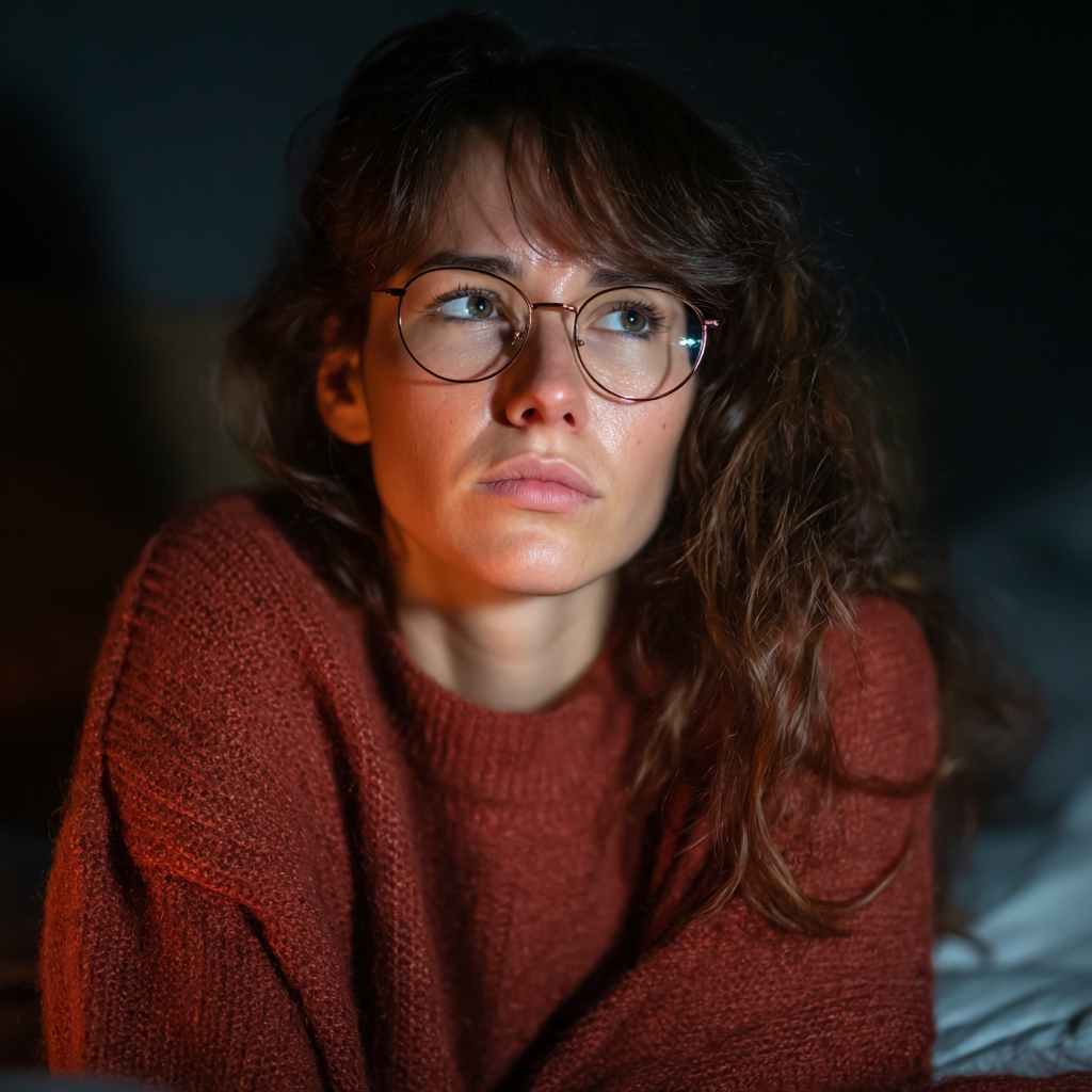 Une femme pensive assise dans son lit | Source : Midjourney