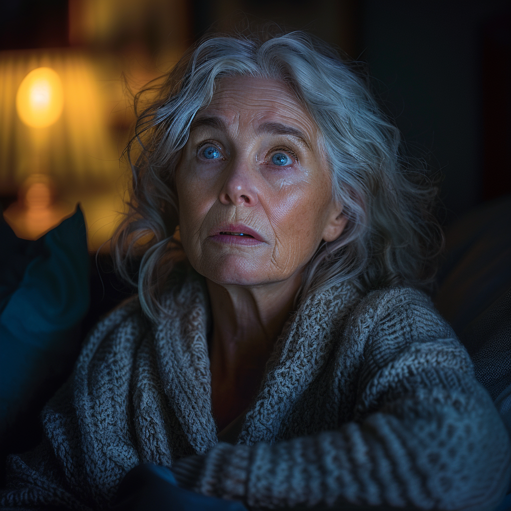 Une femme âgée est choquée alors qu'elle est assise sur le canapé tard dans la nuit | Source : Midjourney