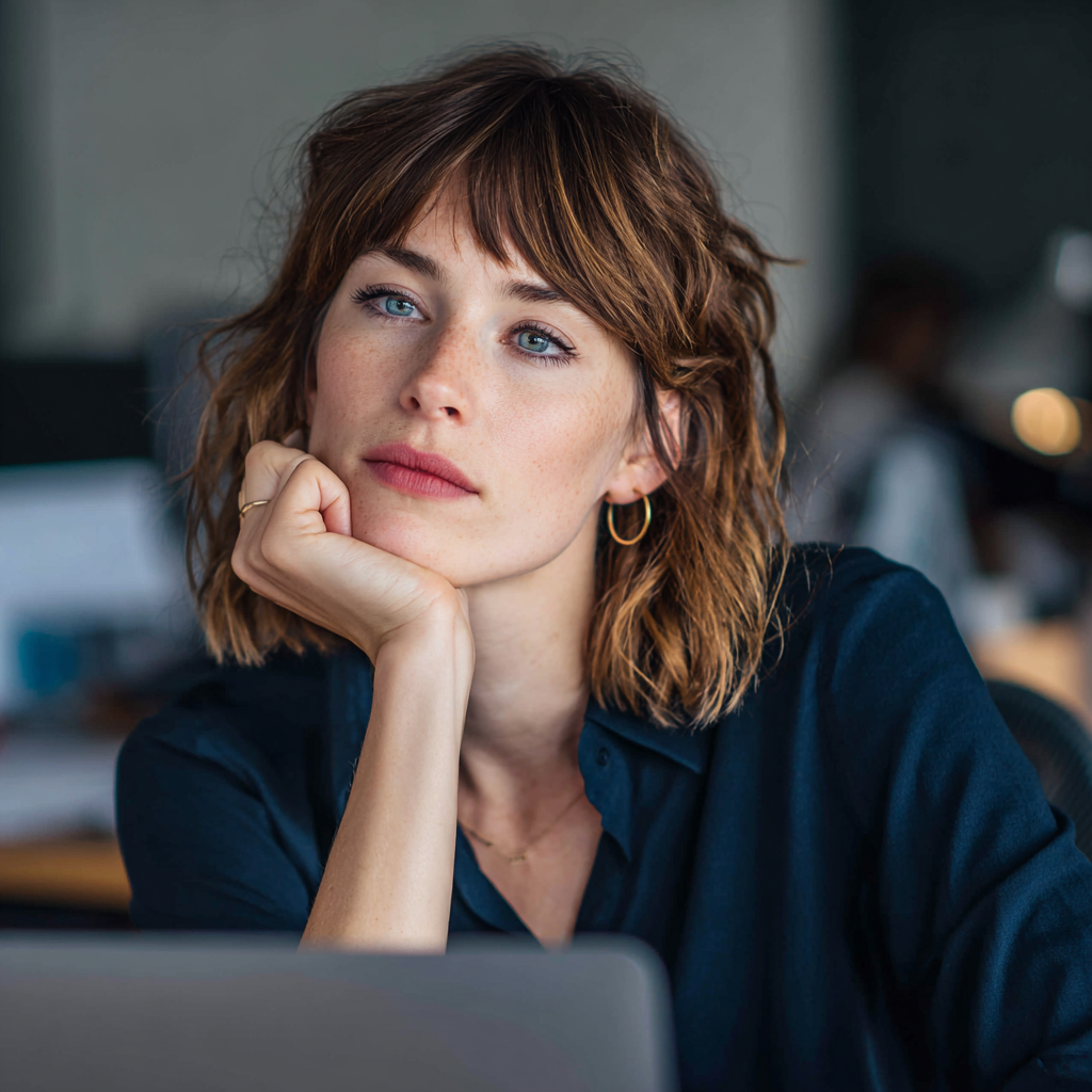 Une femme assise à son bureau | Source : Midjourney