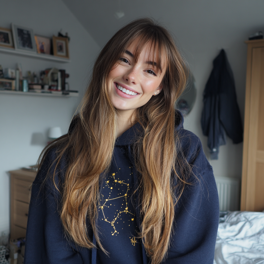 Une adolescente souriante portant un sweat à capuche bleu marine | Source : Midjourney