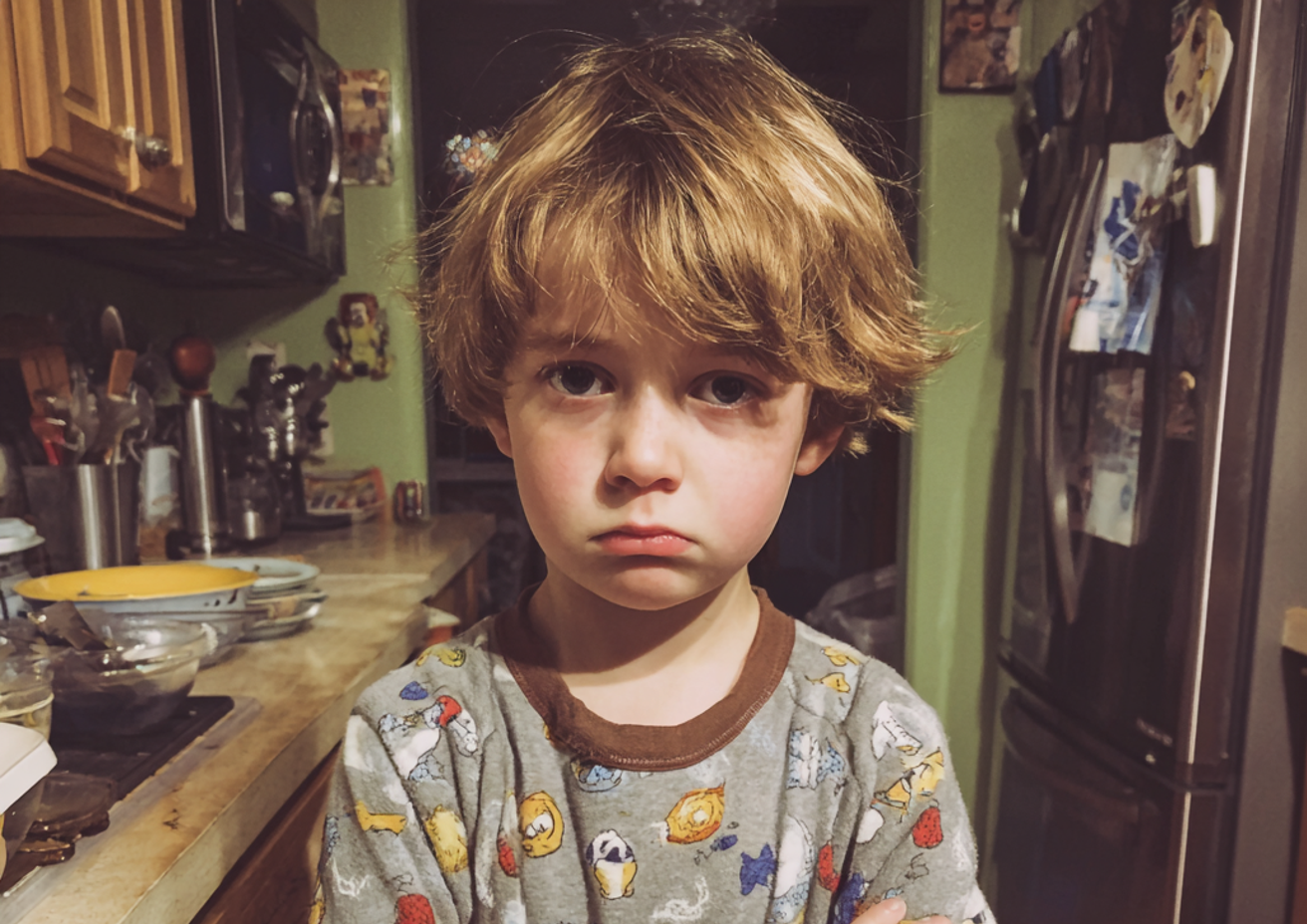 Un petit garçon morose debout dans une cuisine | Source : Midjourney