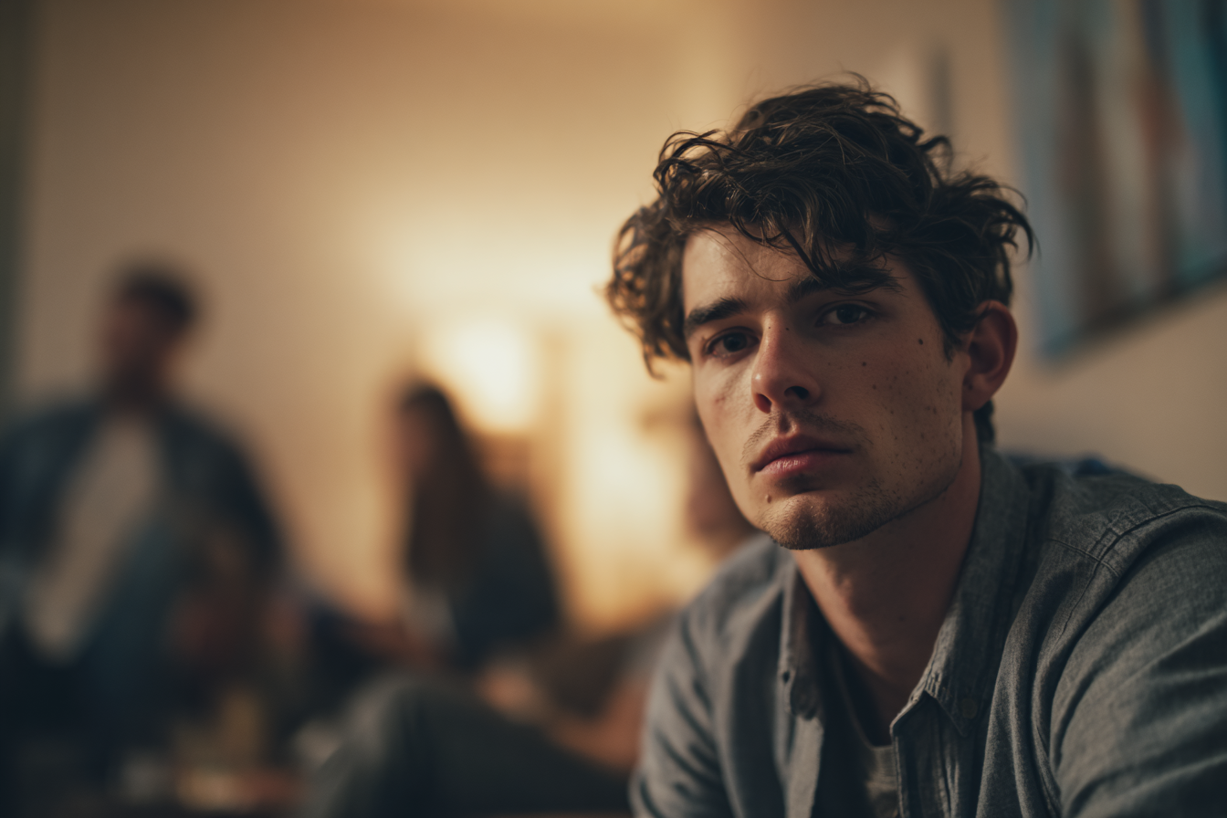 Un homme assis dans son appartement | Source : Midjourney