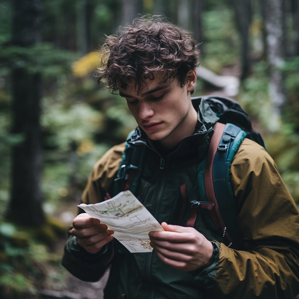 Un homme lisant une note lors d'une randonnée | Source : Midjourney