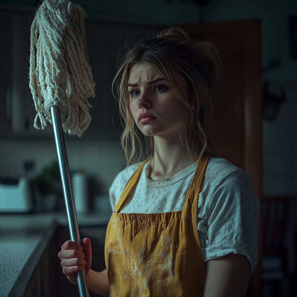 Une jeune femme portant un tablier et tenant une serpillière semble confuse alors qu'elle se tient dans une cuisine | Source : Midjourney