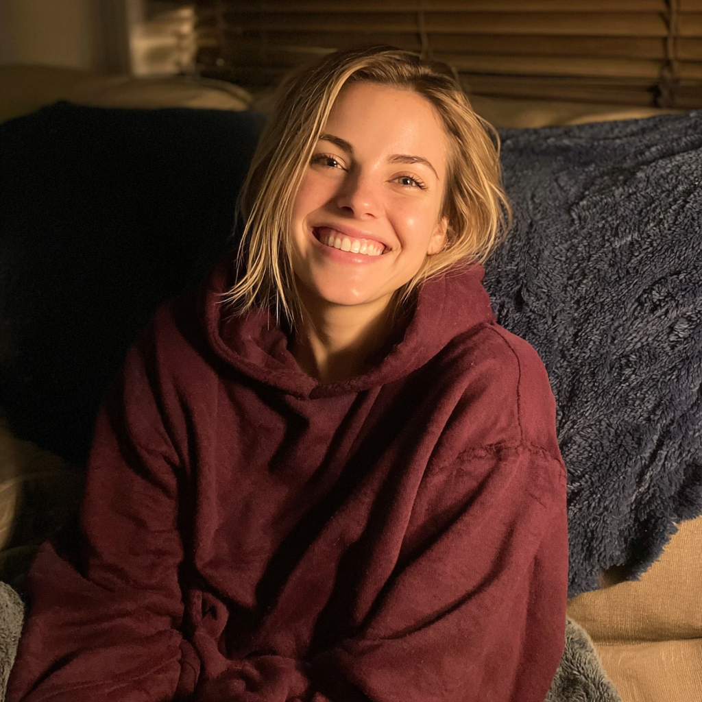 Une femme souriante assise sur un canapé | Source : Midjourney
