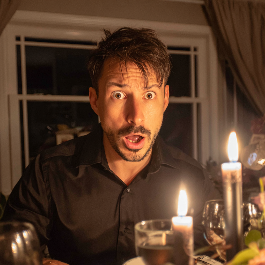 Un homme sous le choc portant une chemise noire habillée | Source : Midjourney