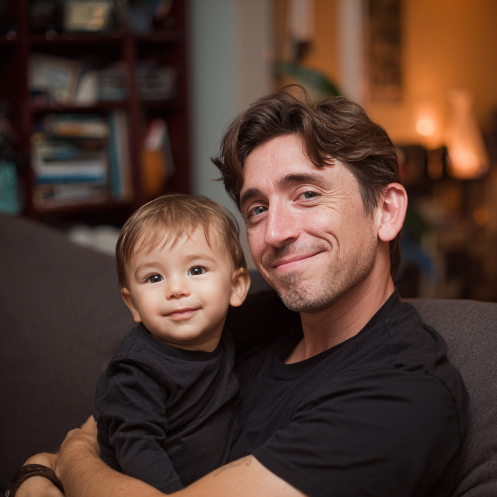 Un homme souriant tenant son fils | Source : Midjourney