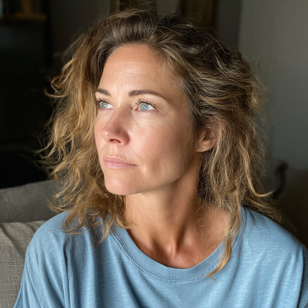 Une femme émotive portant un t-shirt bleu | Source : Midjourney