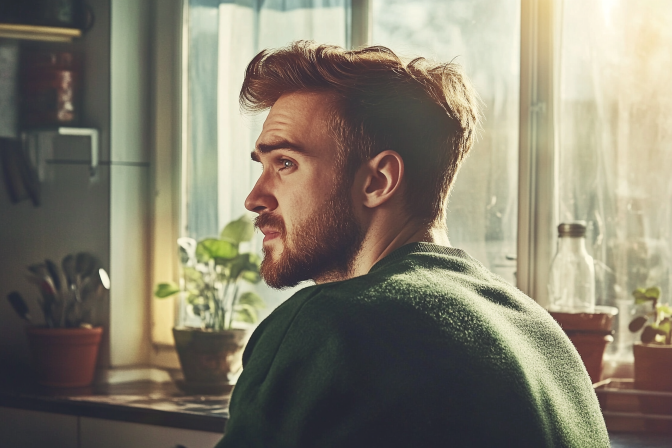 Un homme triste perdu dans ses pensées | Source : Midjourney