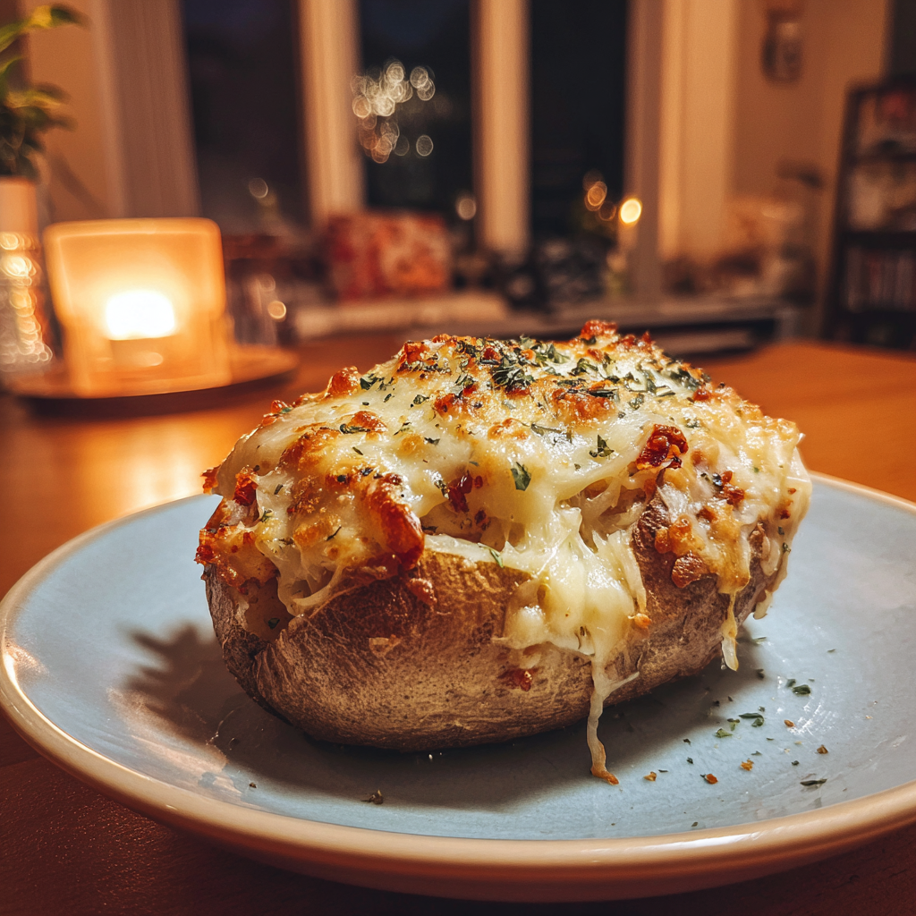 Une pomme de terre au four au fromage sur une table | Source : Midjourney