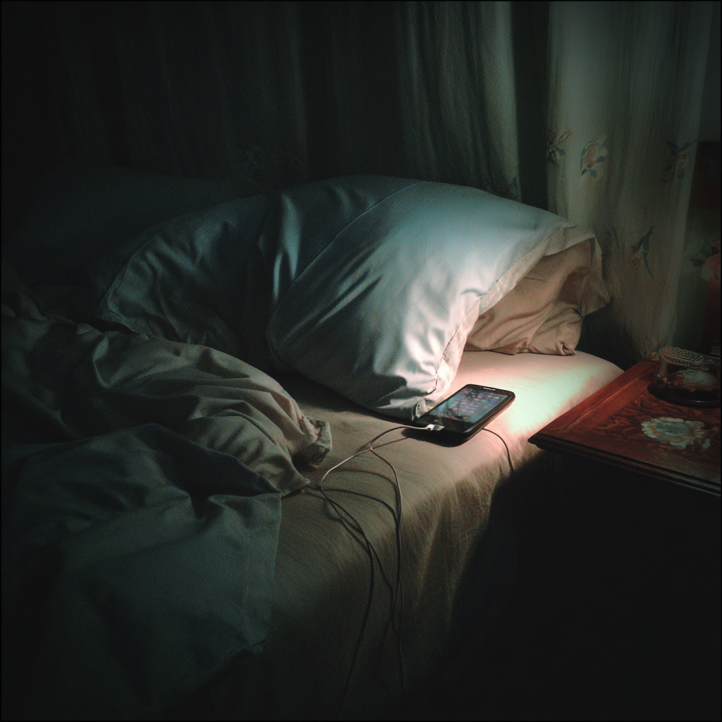 Un téléphone portable sur un lit | Source : Midjourney