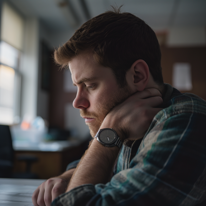 Un homme déprimé assis seul dans son bureau | Source : Midjourney