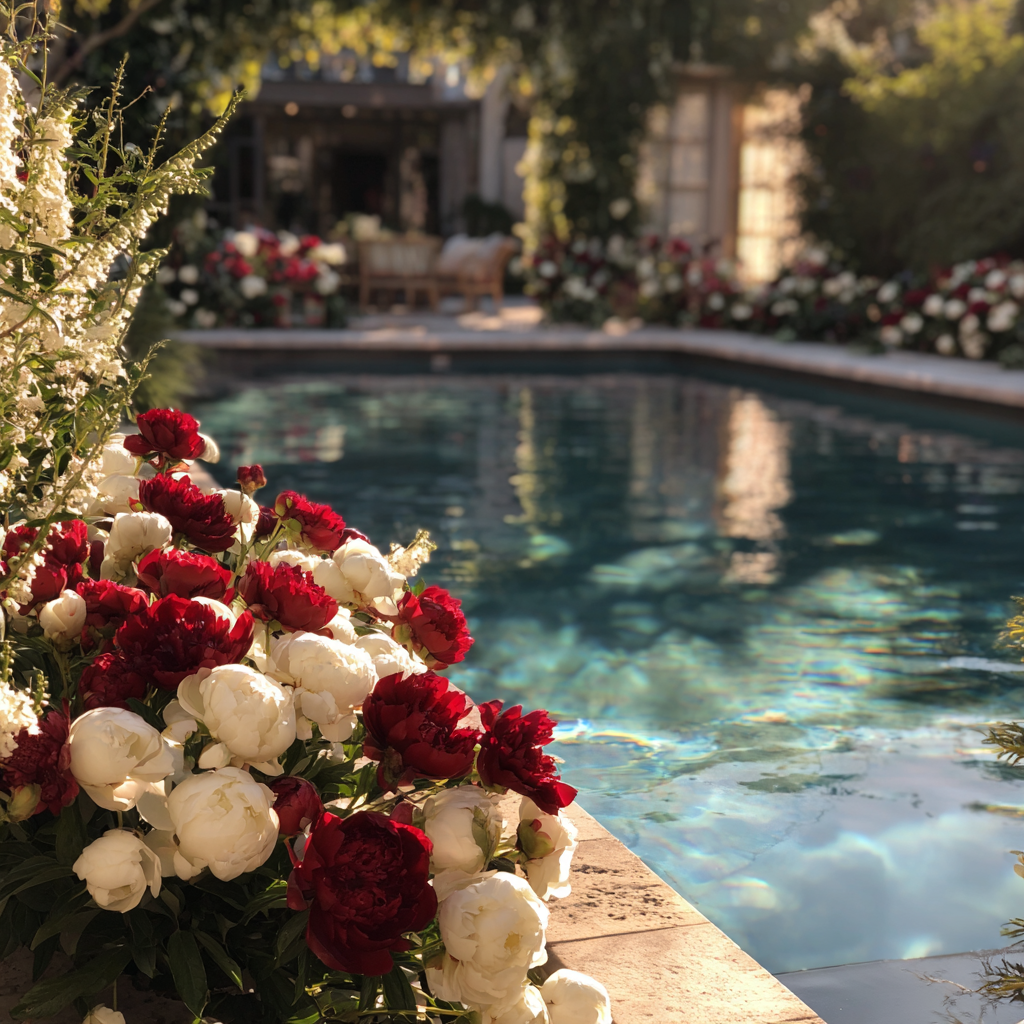 Bouquets floraux au bord d’une piscine | Source : Midjourney