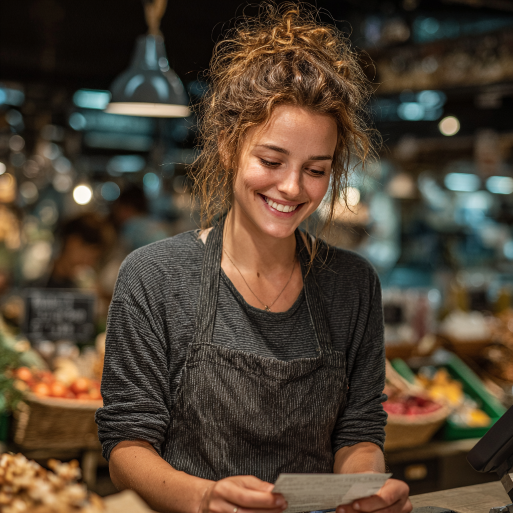 Une caissière heureuse qui lit une note | Source : Midjourney