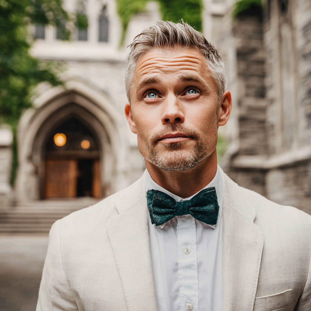 Un marié se tenant à l'extérieur d'une église | Source : Midjourney