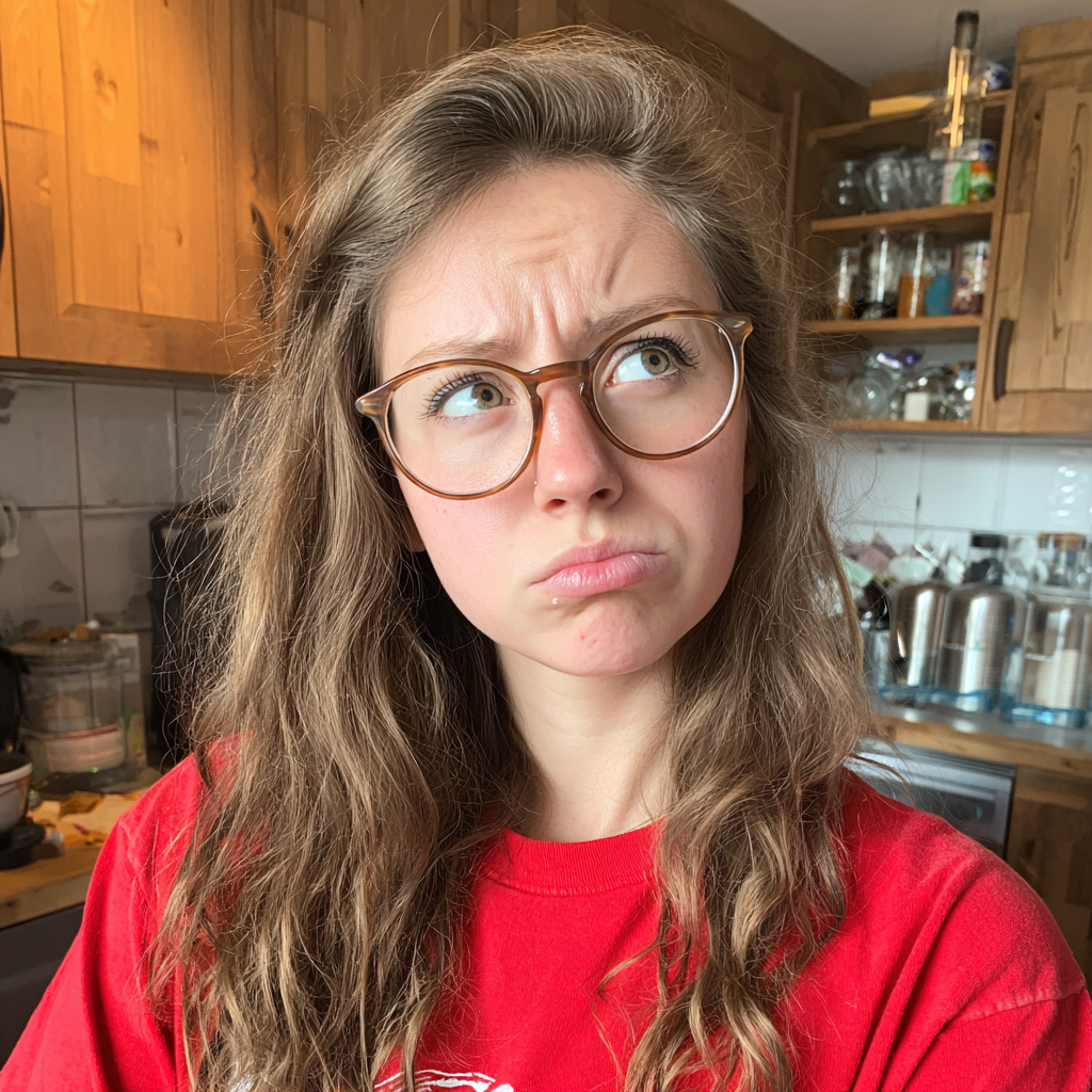 Une jeune femme fronçant les sourcils debout dans une cuisine | Source : Midjourney