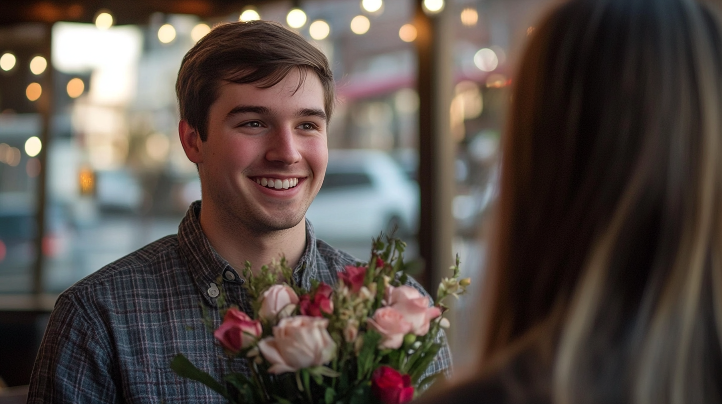 Un homme souriant en tenant un bouquet de fleurs | Source : Midjourney