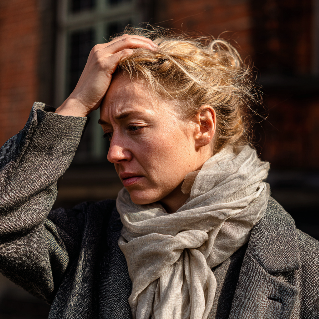 Une femme émotive avec sa main sur la tête | Source : Midjourney